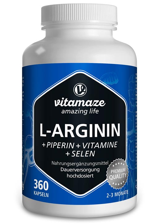 L-Arginin Plus hochdosiert + Piperin + Vitamine + Selen